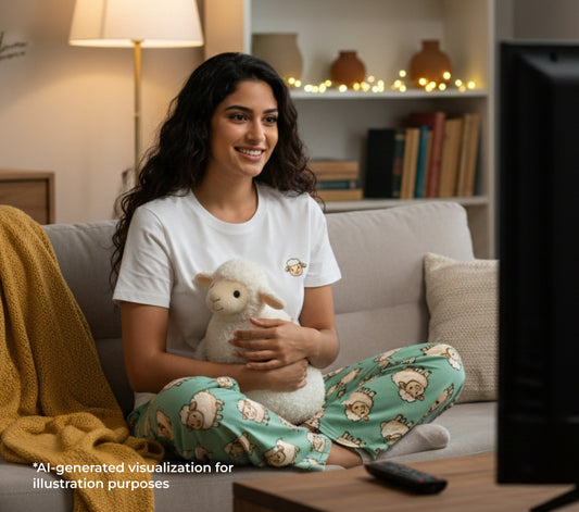 Woman sitting on a couch holding a sheep plush toy, wearing matching sheep loungewear with a home setting.