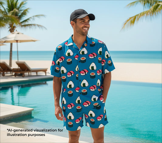 Man wearing a blue Hawaiian shirt with sushi print by a poolside.