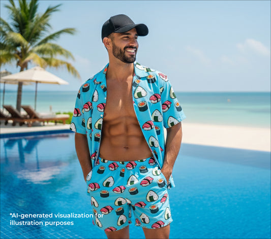 Man wearing a sushi-themed swimsuit and cover-up by a pool with palm trees and beach chairs in the background.