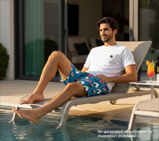 Man lounging on a poolside chair with a pool and outdoor furniture in the background