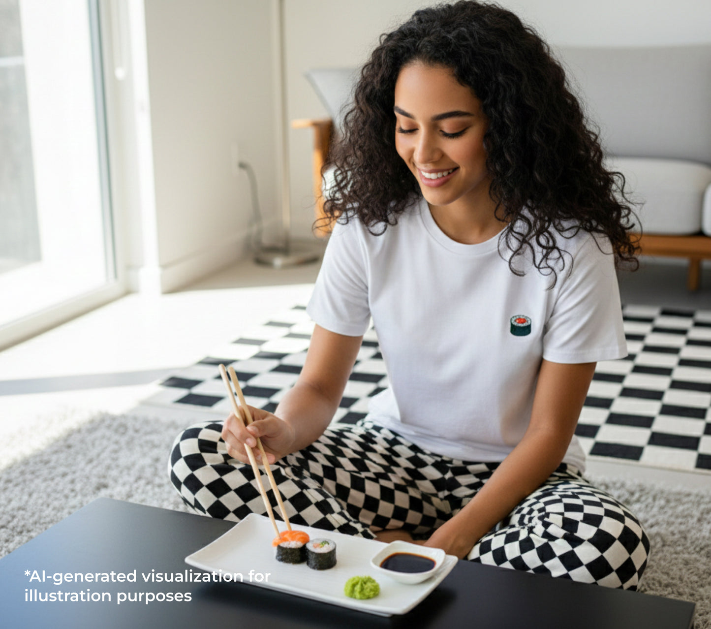 Woman sitting on the floor with a plate of sushi in a modern living room.