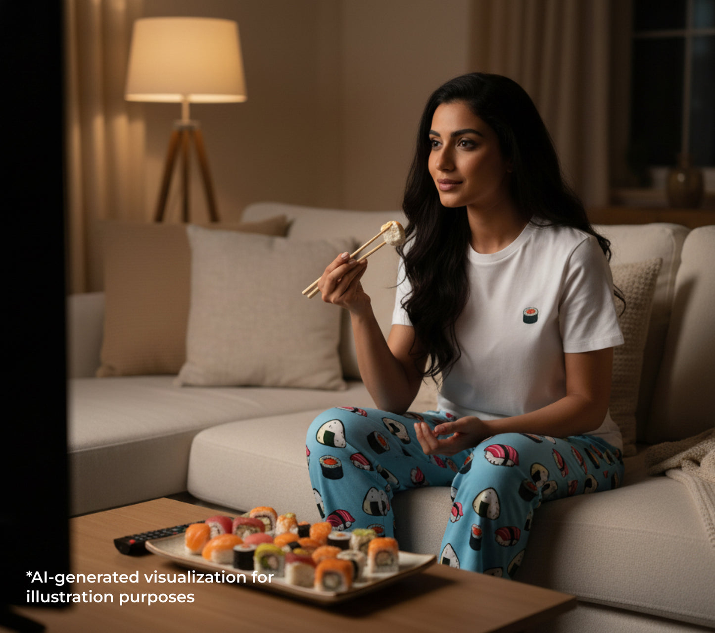 Woman sitting on a couch with sushi in a cozy living room setting