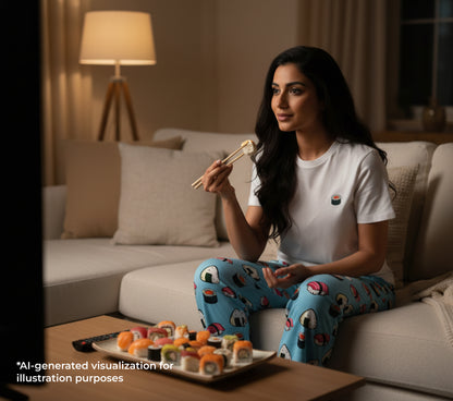 Woman sitting on a couch with sushi in a cozy living room setting