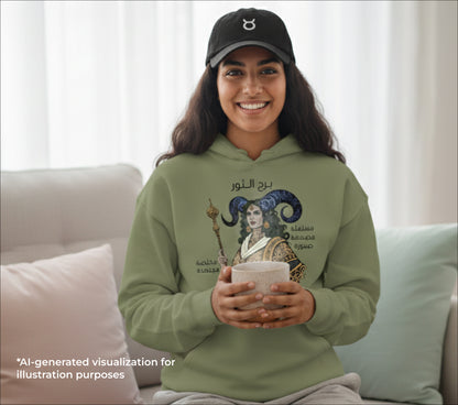 Person wearing a green hoodie with a Taurus graphic design, holding a mug, sitting on a couch.