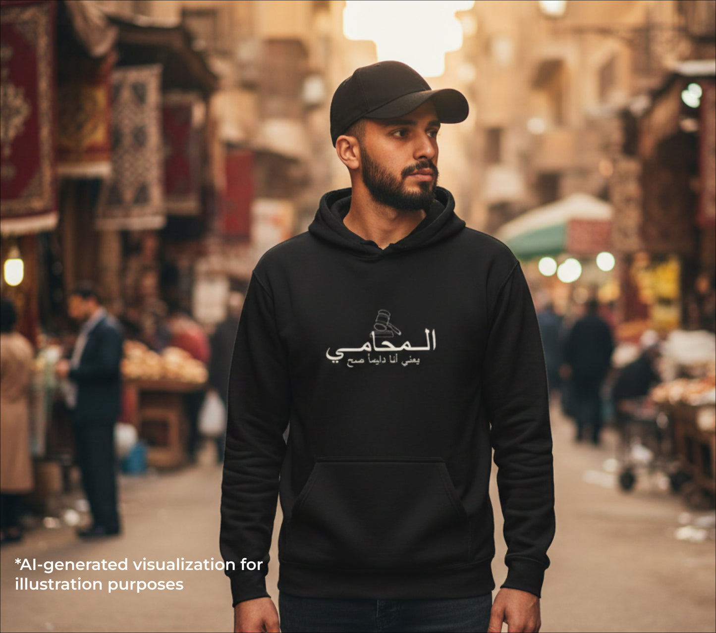 Man wearing a black hoodie with Arabic text "The Lawyer"  in a market setting