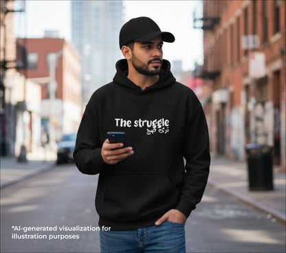 Man wearing a black hoodie with 'The struggle is real' text on a city street.