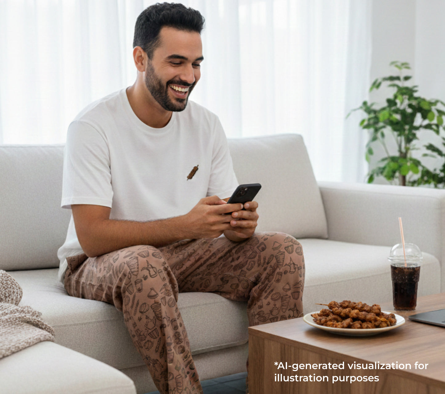 Man sitting on a couch using a smartphone with a plate of tikka and a drink on a table in front of him.