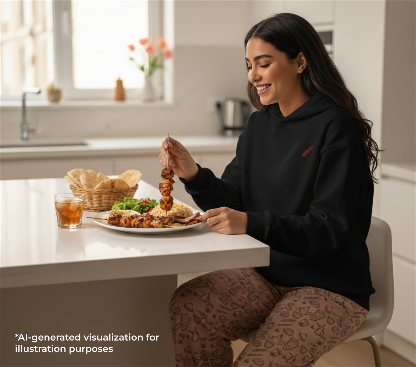 Woman eating a meal with a skewer in a kitchen setting