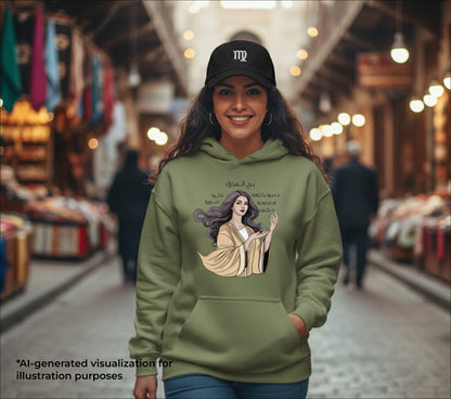 Woman wearing a green hoodie with a Virgo graphic design in an indoor market setting
