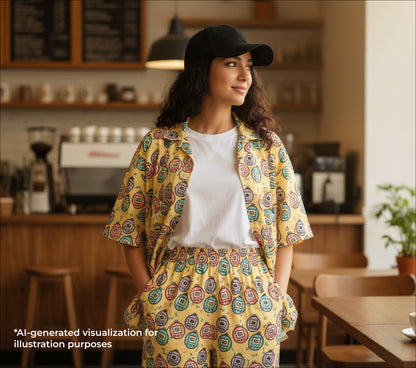 Woman in a colorful outfit standing in a cafe