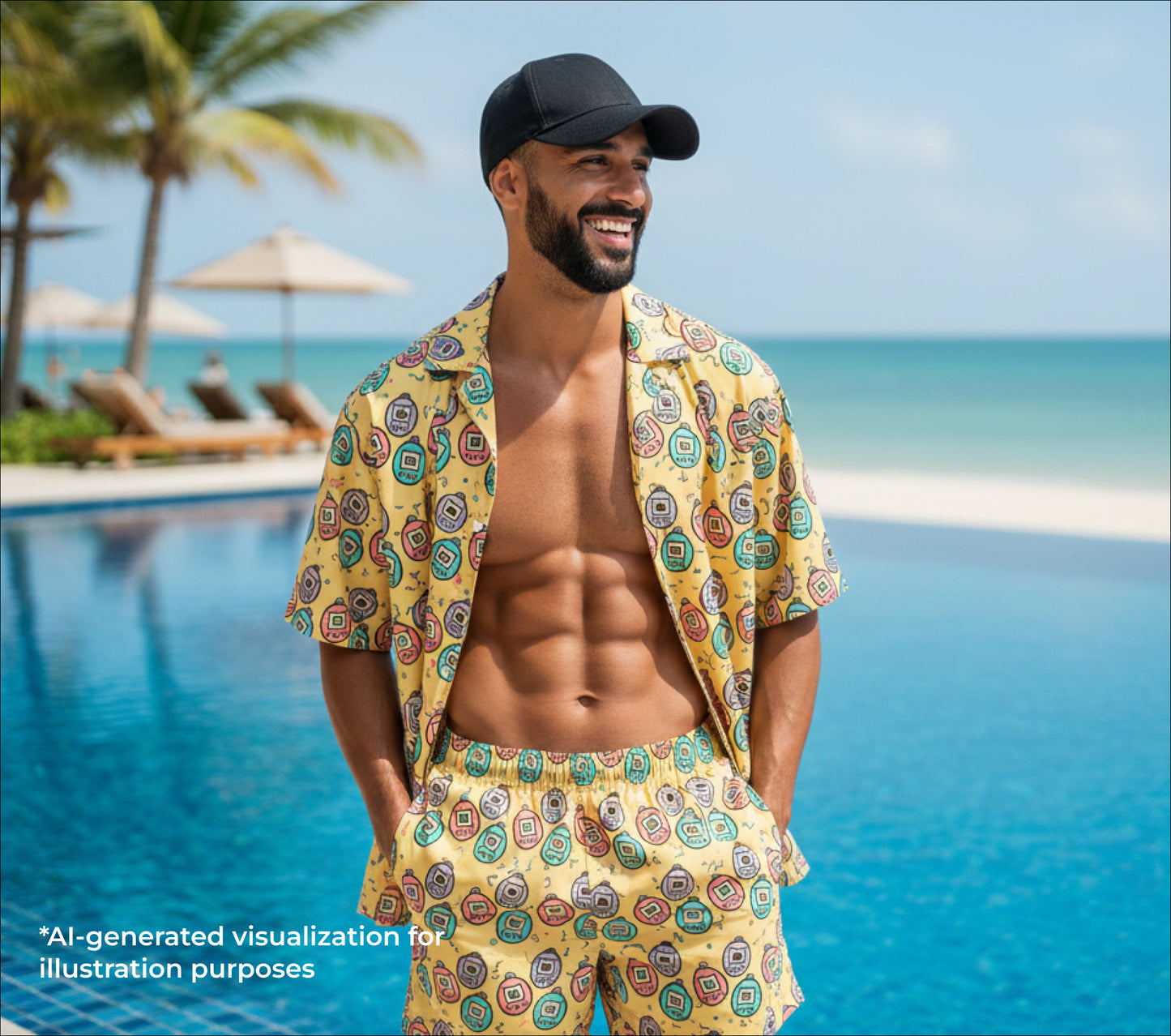 Man in a Virtual Pet & Scribbles patterned yellow outfit standing by a pool with palm trees and ocean in the background