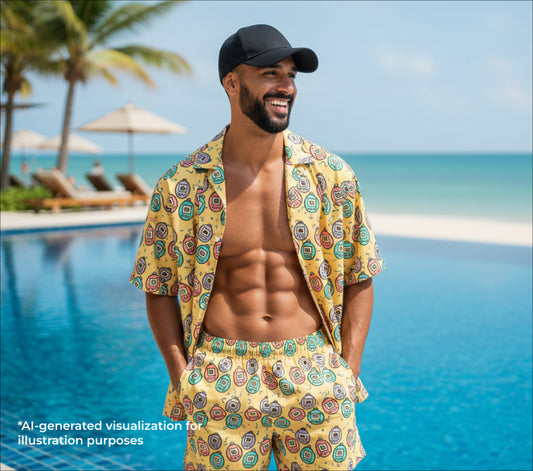 Man in a Virtual Pet & Scribbles patterned yellow outfit standing by a pool with palm trees and ocean in the background