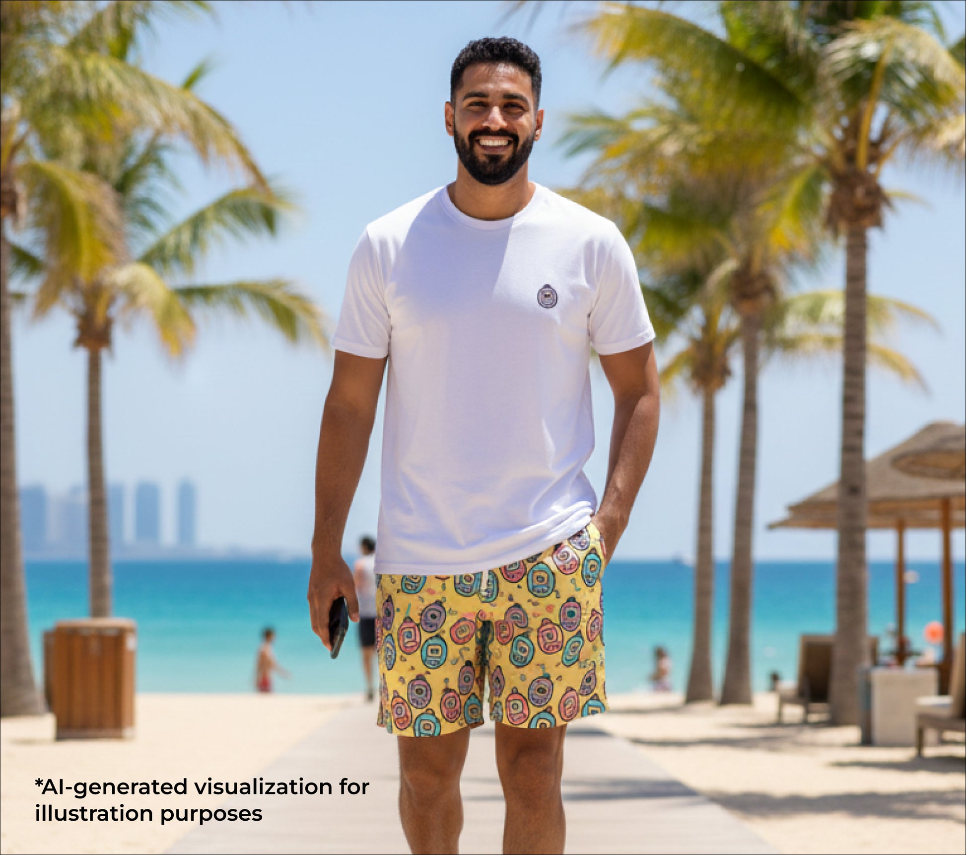 Man wearing a white t-shirt and colorful shorts standing on a beach with palm trees and ocean in the background.