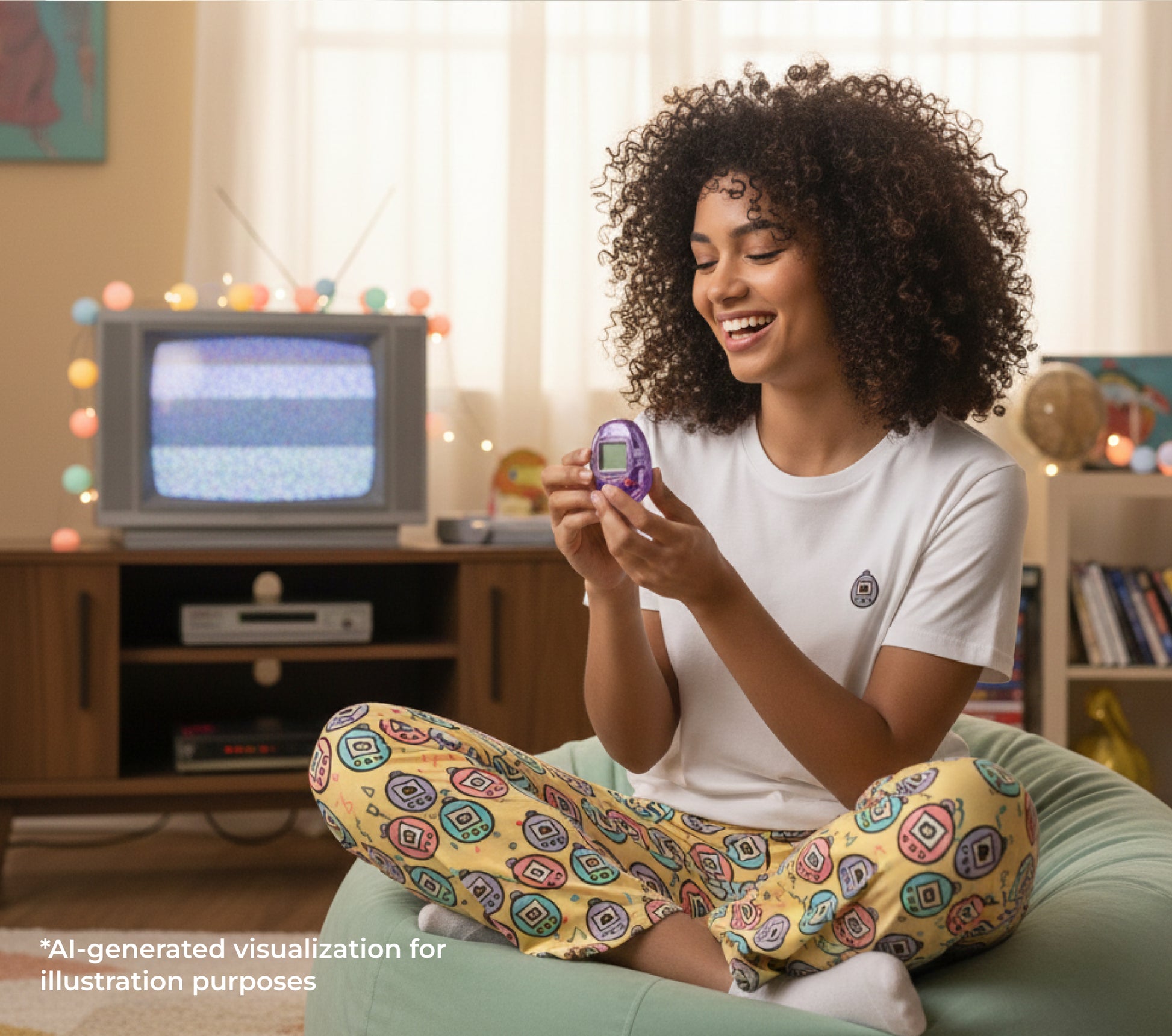 Woman sitting on a couch holding a handheld device in a room with a vintage television.