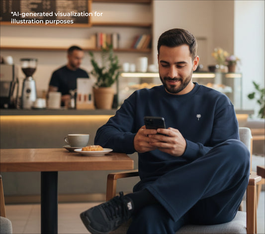 Man sitting at a cafe table using his phone with a blurred background