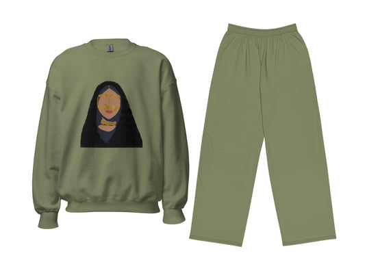 Green sweatshirt and pants set with a print of a woman in a golden burqa on the sweatshirt against a white background
