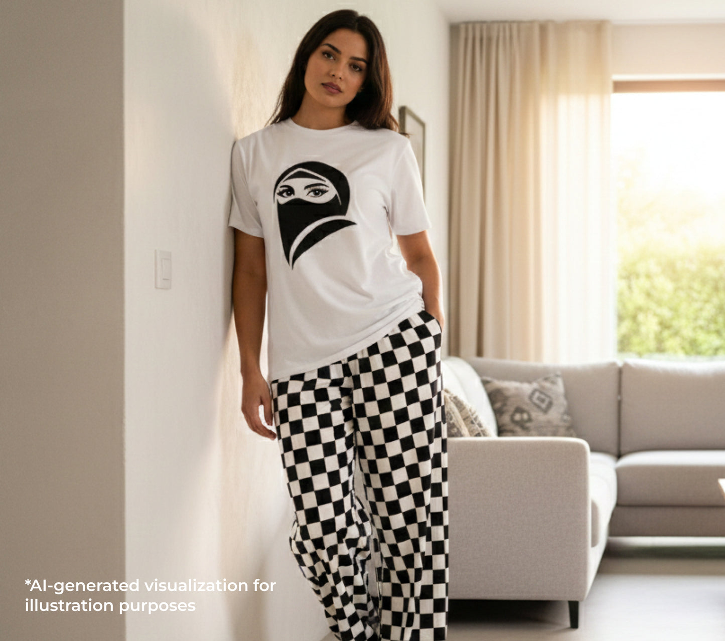 Woman wearing a white t-shirt with a black graphic design in a living room.