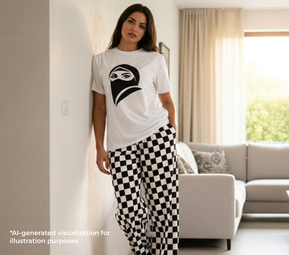 Woman wearing a white t-shirt with a black graphic design in a living room.