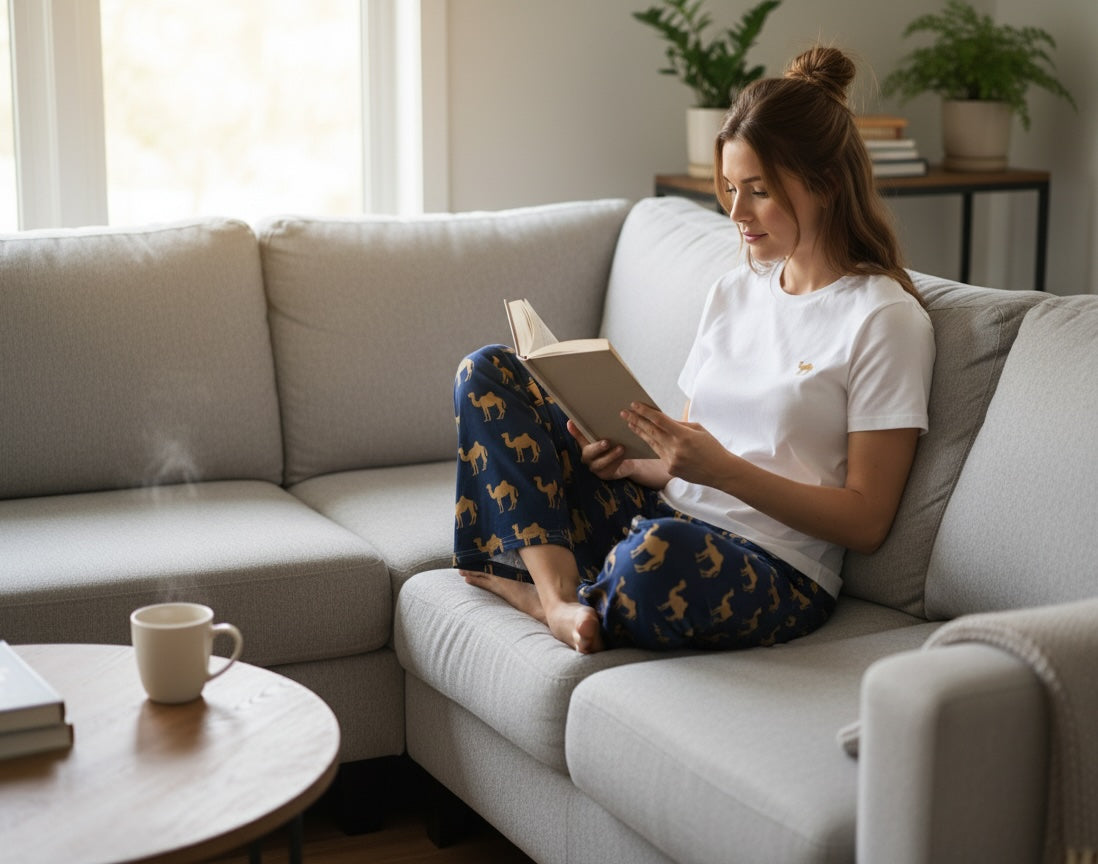 A woman with her hair in a messy bun sitting cross-legged on a modern light gray sectional sofa, engrossed in reading an open hardcover book. She is wearing a cozy loungewear set from The Humble Edit consisting of a plain white t-shirt with a small golden camel printed on the chest and navy blue lounge pants patterned with repeating gold camels. In the foreground, a steaming mug rests on a round wooden coffee table, with potted green plants visible near a sunlit window in the background.