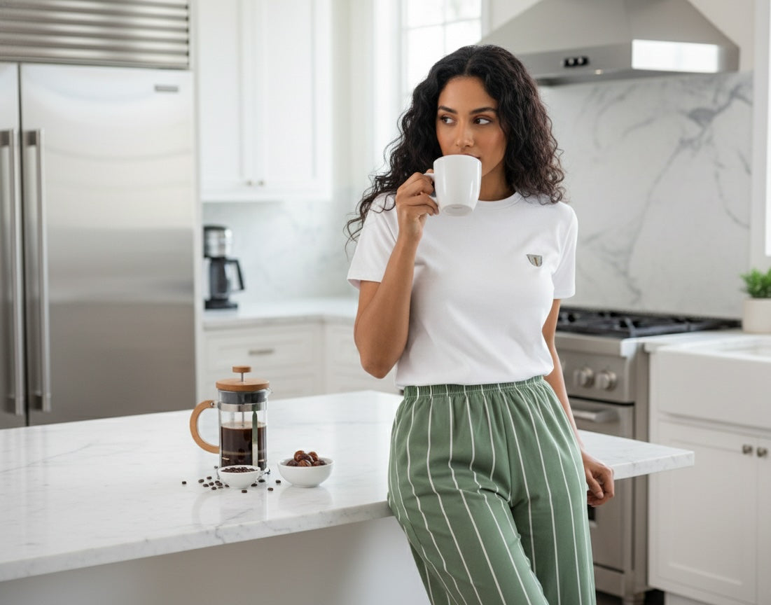 Woman drinking from a coffee cup in a modern kitchen