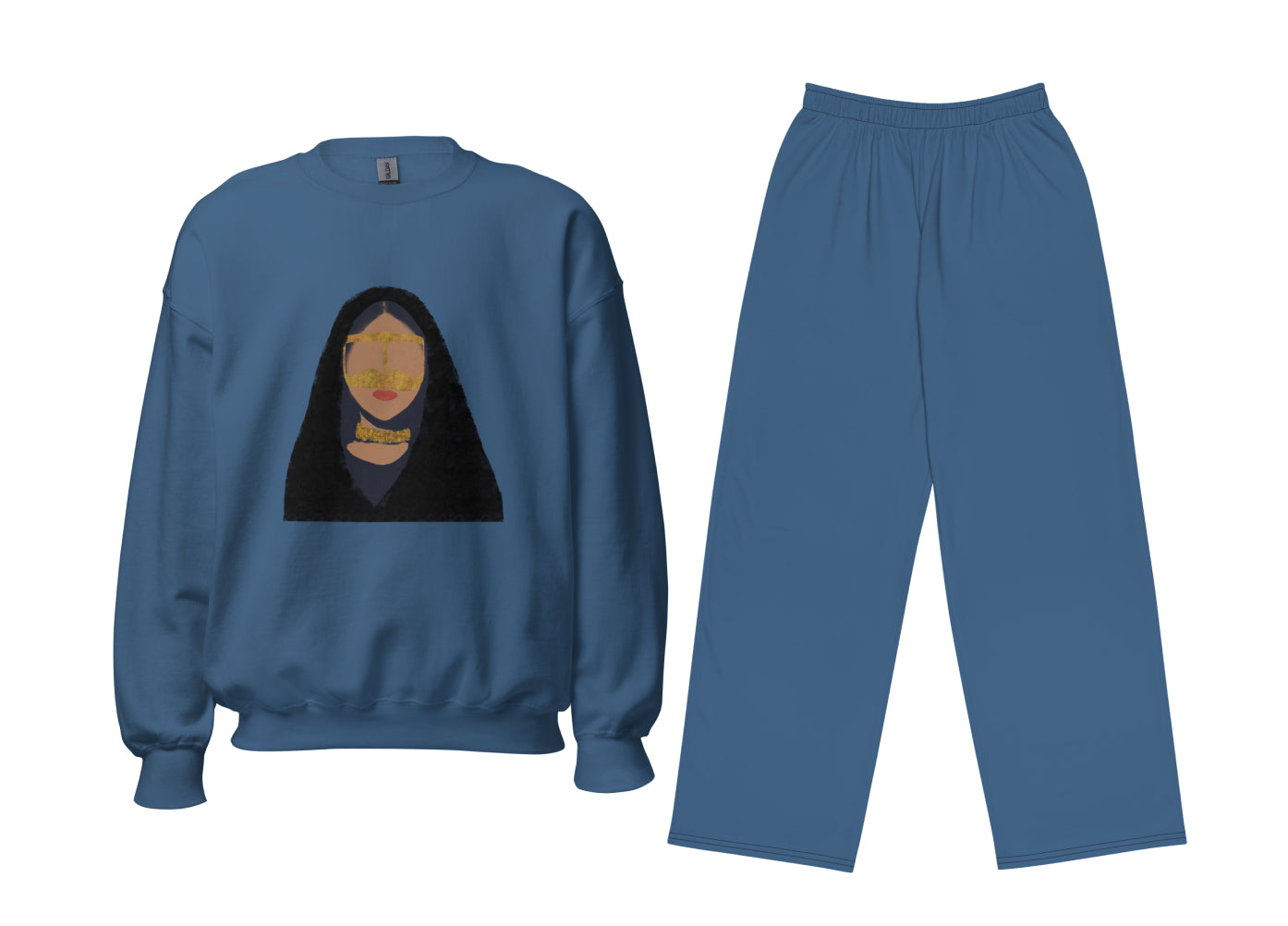 Blue sweatshirt and pants set with a graphic design on the sweatshirt against a white background