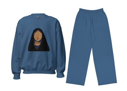 Blue sweatshirt and pants set with a graphic design on the sweatshirt against a white background