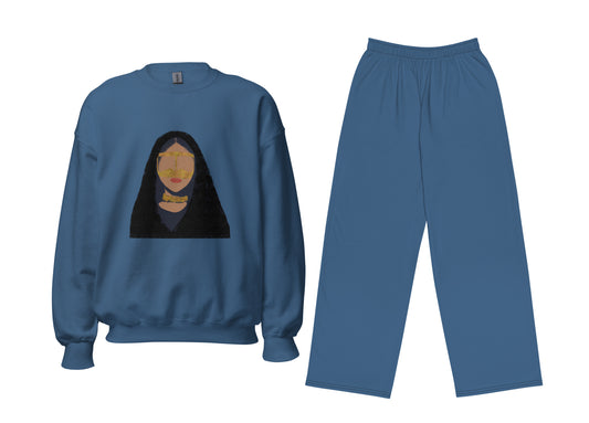 Blue sweatshirt and pants set with a graphic design on the sweatshirt against a white background