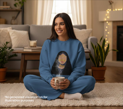 Woman sitting on the floor in a cozy living room holding a steaming mug.