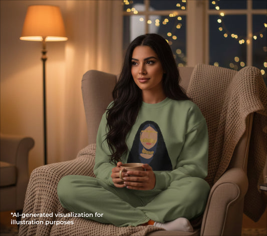 Woman in a cozy living room holding a mug, with warm lighting and decorative lights.
