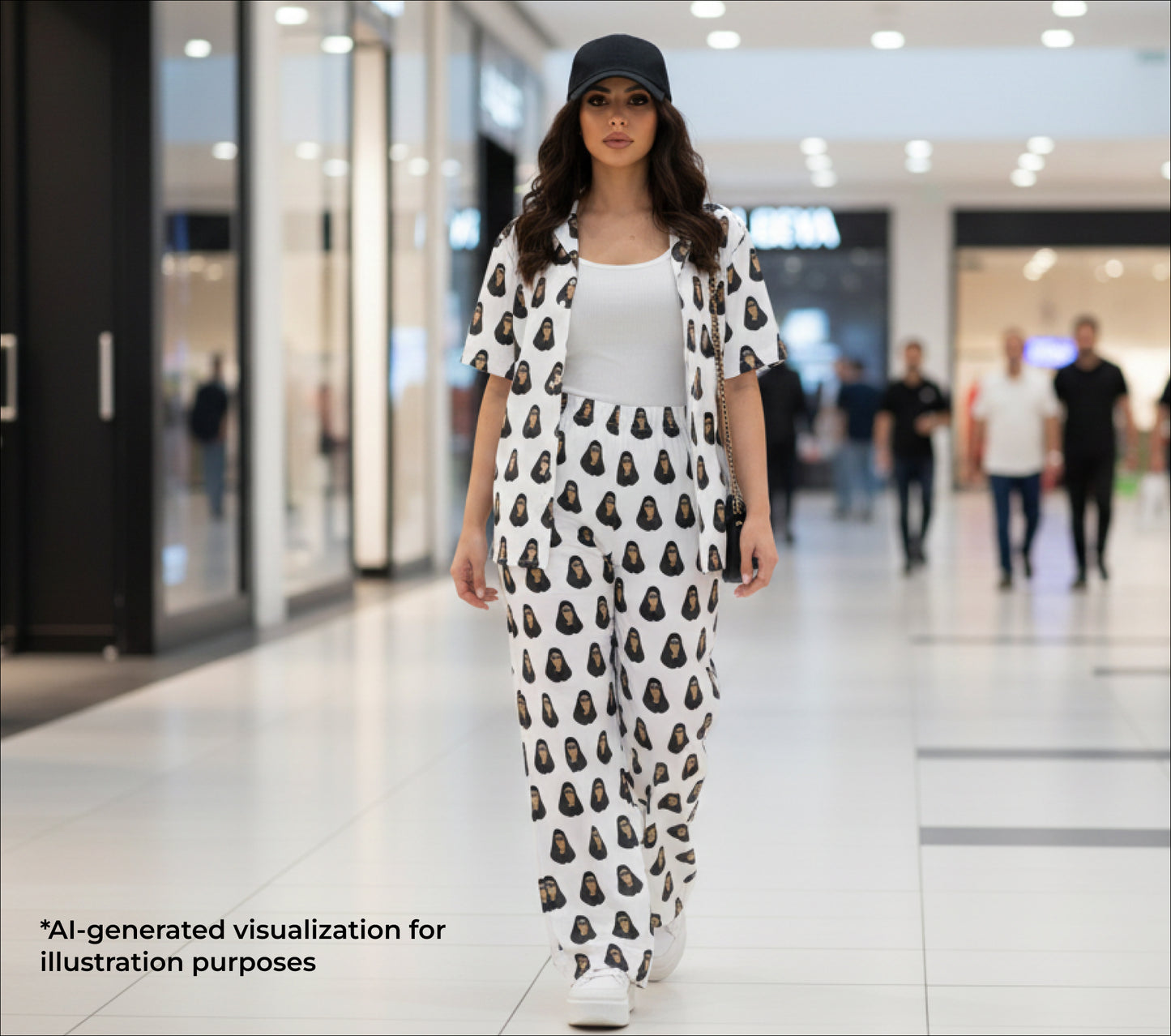 Woman in a mall wearing a burqa patterned outfit.