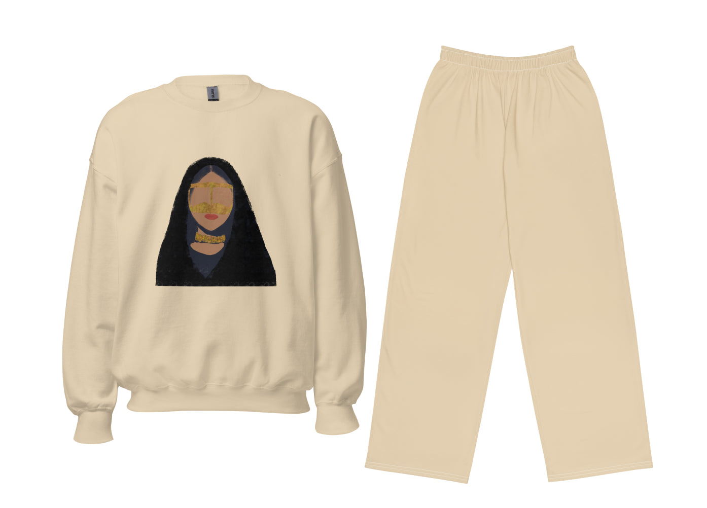 Sand sweatshirt and pants set with a graphic on the back against a white background