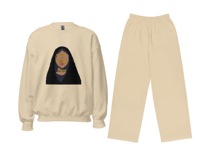 Sand sweatshirt and pants set with a graphic on the back against a white background