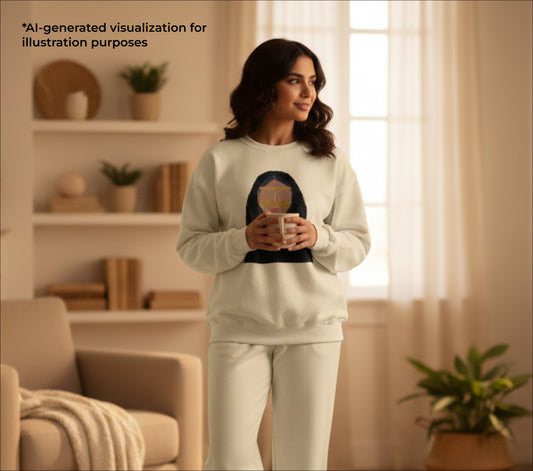 Woman in a cozy living room wearing a light gray sweatshirt with a design.