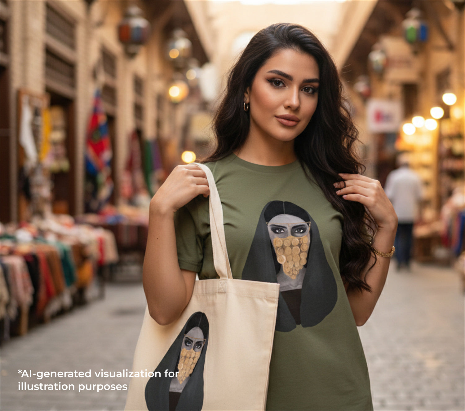 Woman wearing a green t-shirt with a woman in a golden burqa design in a market setting