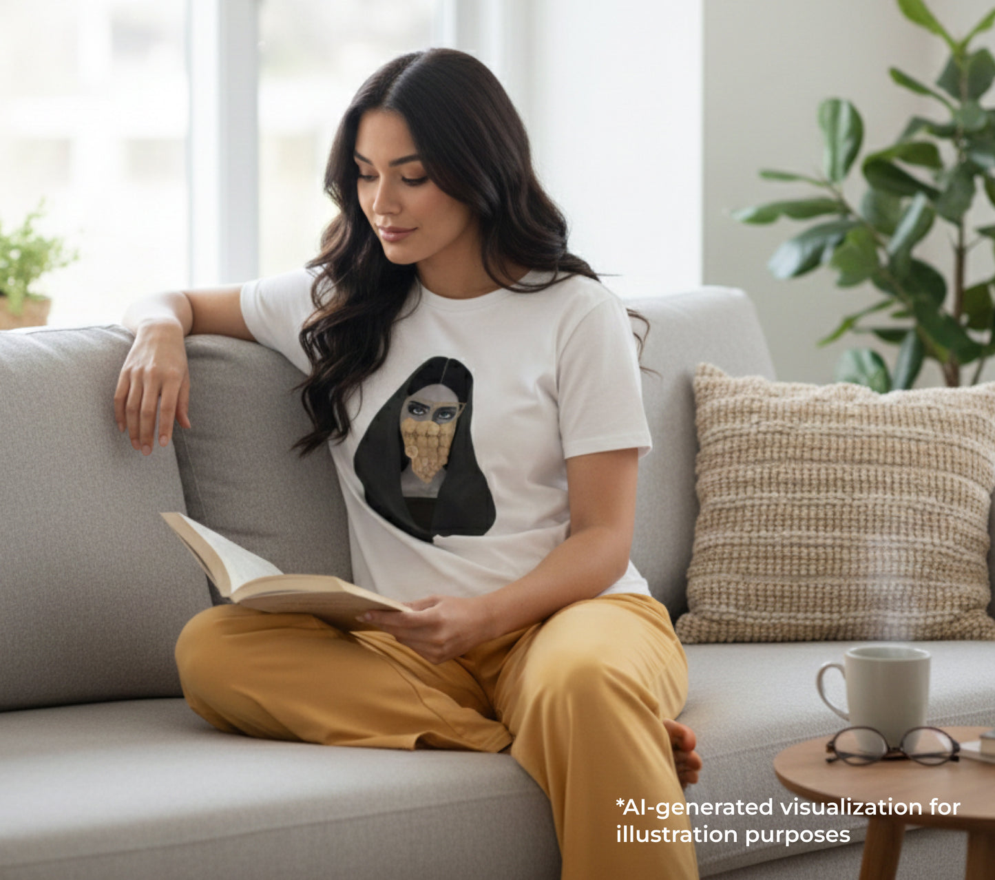 Woman sitting on a couch reading a book in a cozy living room.