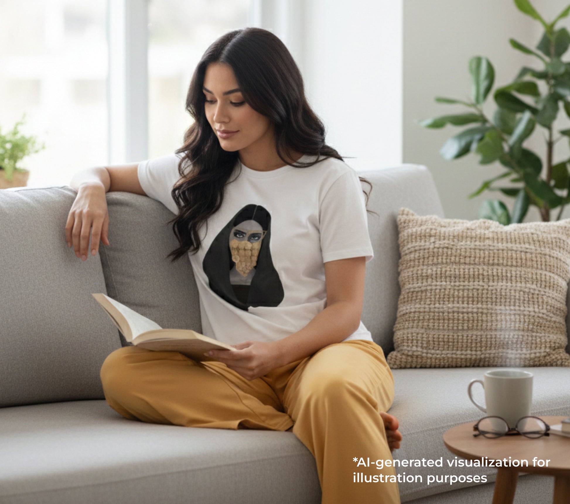 Woman sitting on a couch reading a book in a cozy living room.