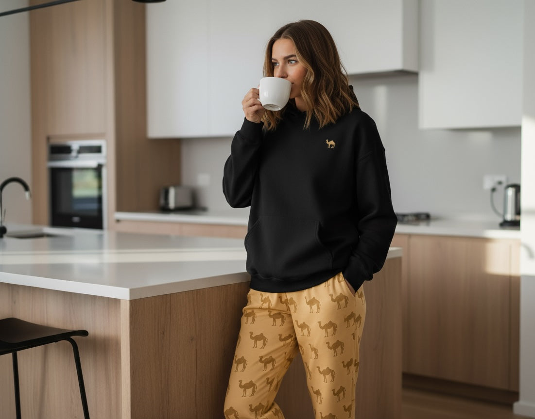 Woman in a kitchen wearing a black sweatshirt and yellow pajama pants, holding a mug.