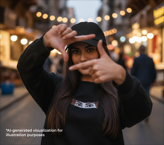 A woman wearing a black hoodie with an embroidered woman's eyes, standing in a blurred street background.