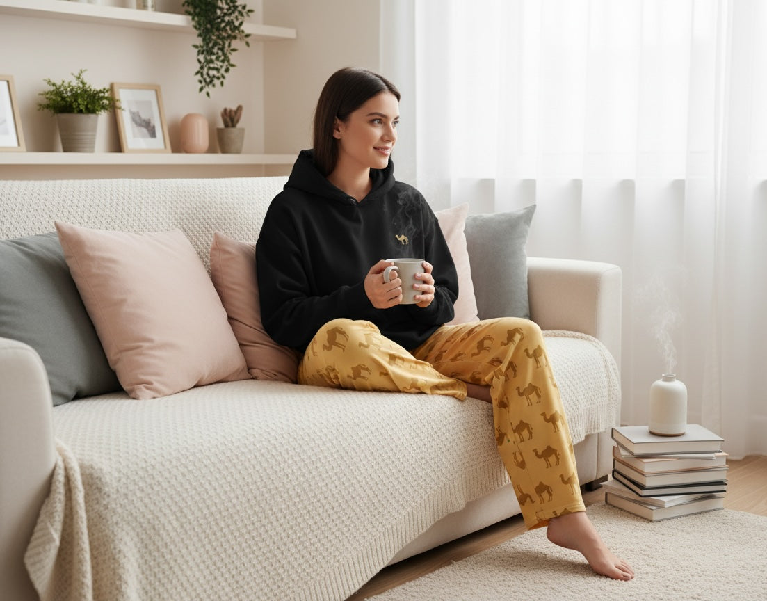 Woman sitting on a couch holding a mug in a cozy living room.