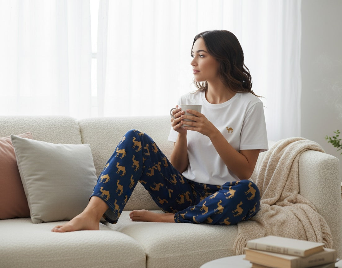 Woman sitting on a couch holding a mug, wearing a white t-shirt and blue patterned pants, in a bright living room.
