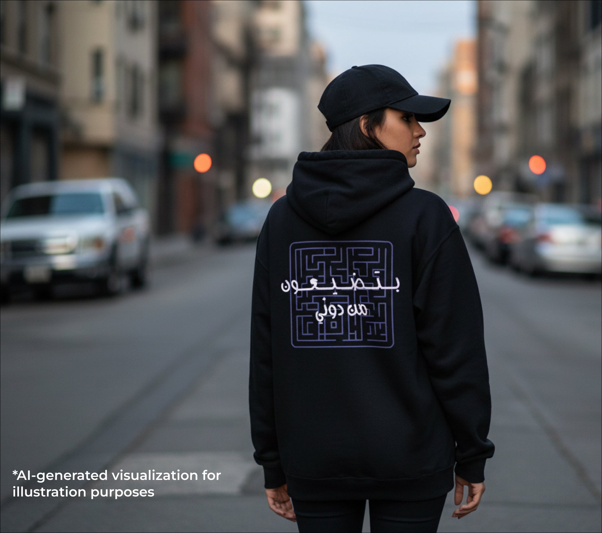 Person wearing a black hoodie with Arabic text "You'll Be Lost Without Me" on the back, standing on a city street.