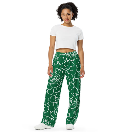 Rose Patterns (Jewel Green) - Unisex Wide-Leg Pants