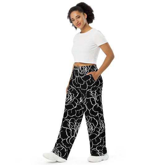 Rose Patterns (Black) - Unisex Wide-Leg Pants