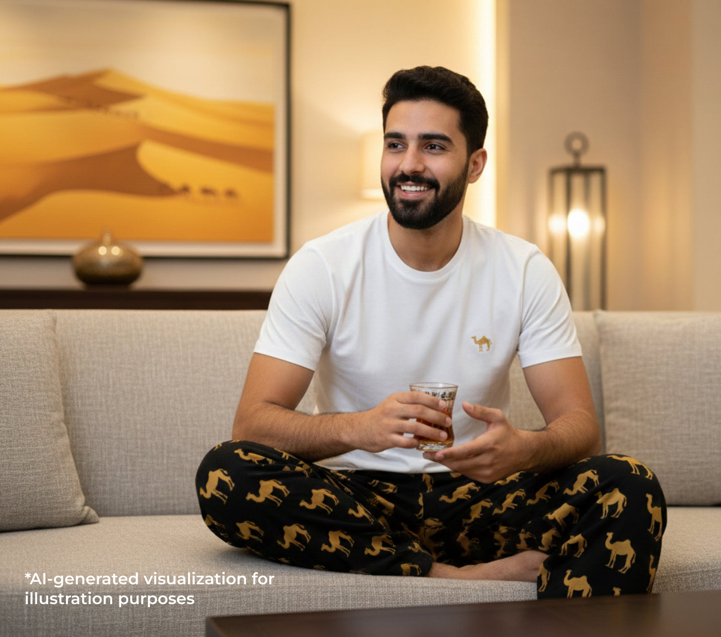 a man sitting on a couch wearing a white t-shirt with a small camel and camel patterned black pants drinking red tea