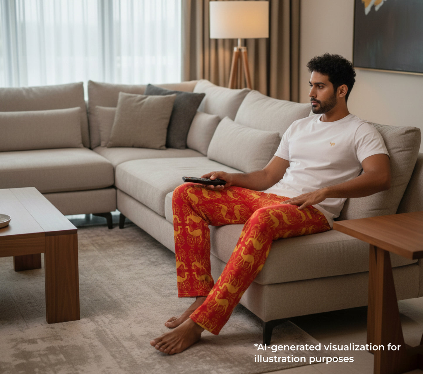 Man sitting on a couch wearing red pants with a pattern, holding a remote control in a living room.