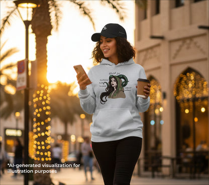 Woman walking on a street holding a phone and a coffee cup, wearing a hoodie with a capricorn graphic design.