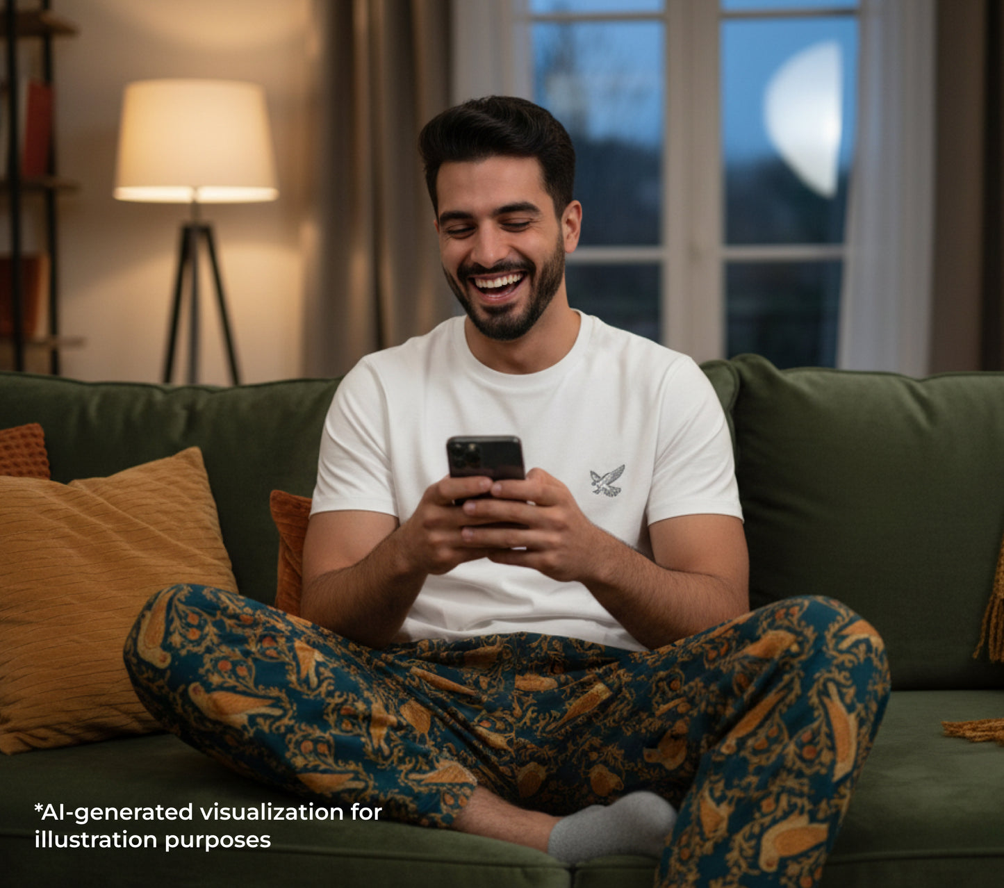 Man sitting on a couch using a smartphone in a cozy living room.