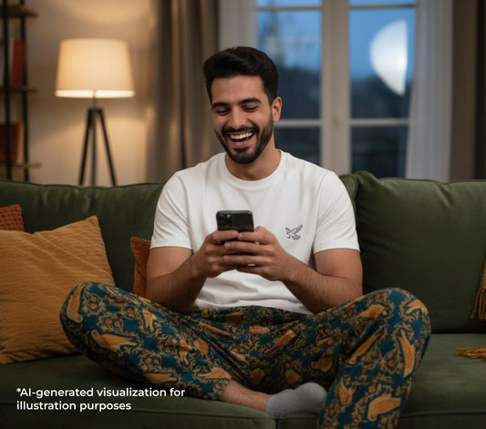 Man sitting on a couch using a smartphone in a cozy living room.