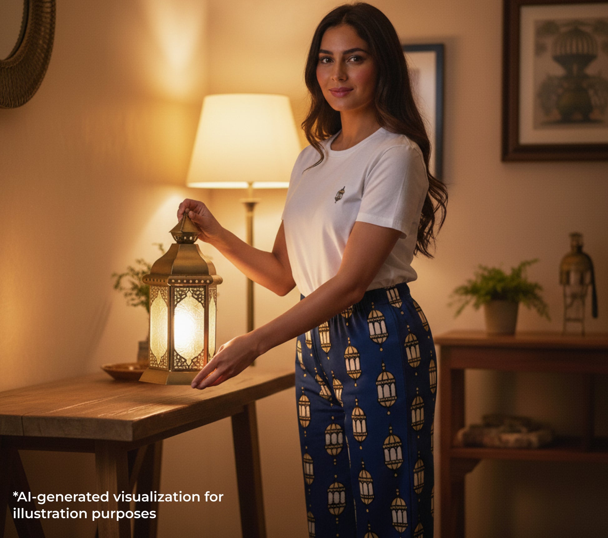 Woman in a room with a lamp and decorative lantern, wearing a white t-shirt and blue patterned pants.