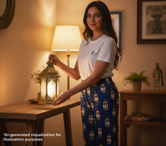 Woman in a room with a lamp and decorative lantern, wearing a white t-shirt and blue patterned pants.